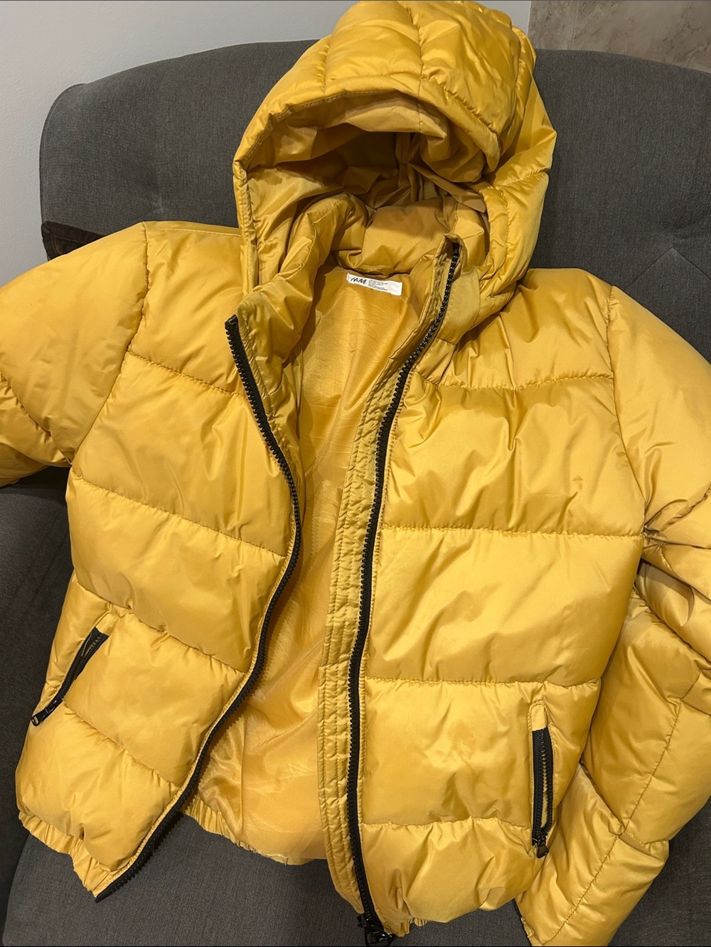 H&M Yellow Quilted Hooded Puffer Jacket